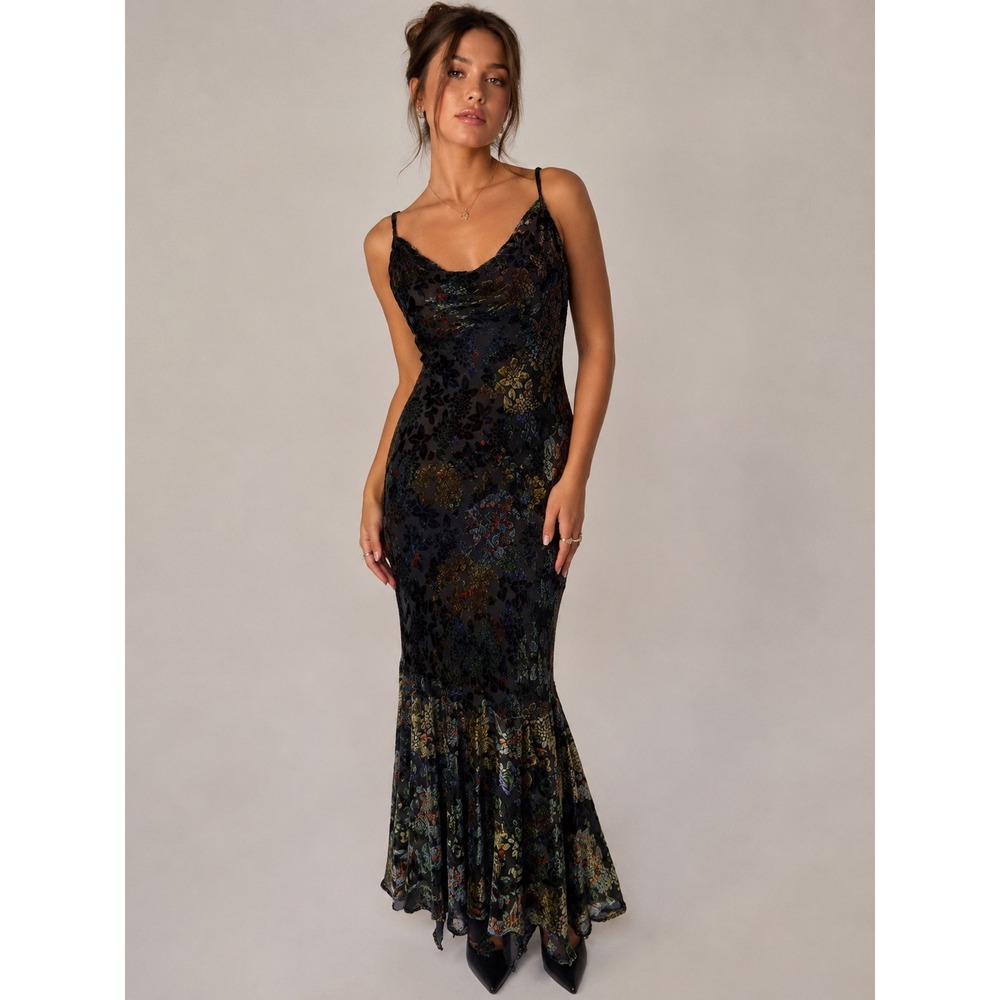 Vintage 90s Y2k Maxi Dress 10 Burnout Cowl Mermaid Fairy Whimsigoth Grunge